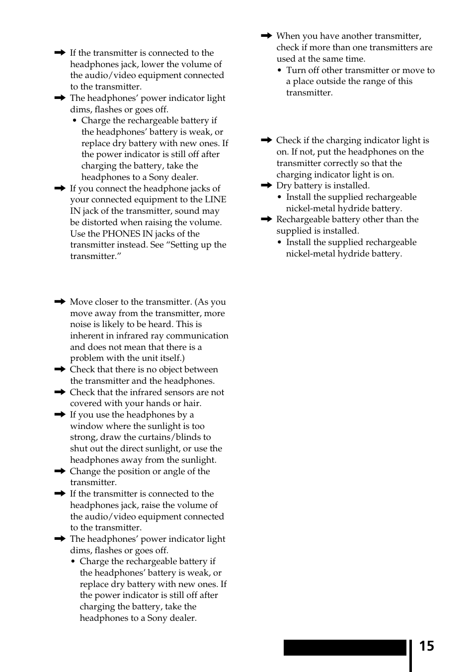 Distorted sound, Loud background noise, The battery cannot be charged | Sony MDR-IF240RK User Manual | Page 15 / 44