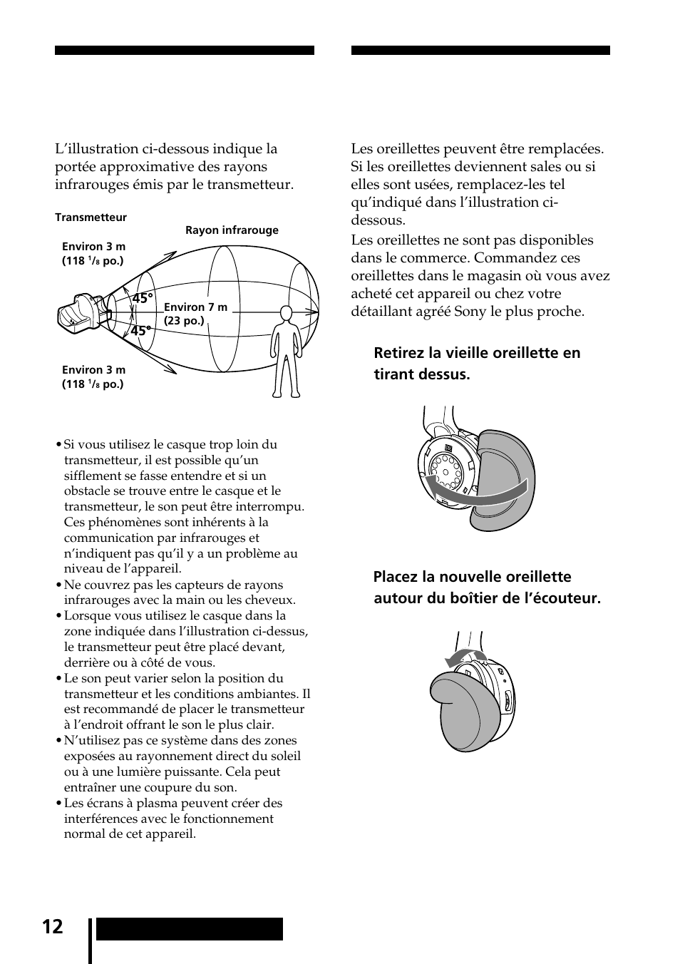 Portée efficace du transmetteur, Remplacement des oreillettes | Sony MDR-IF240RK User Manual | Page 26 / 44