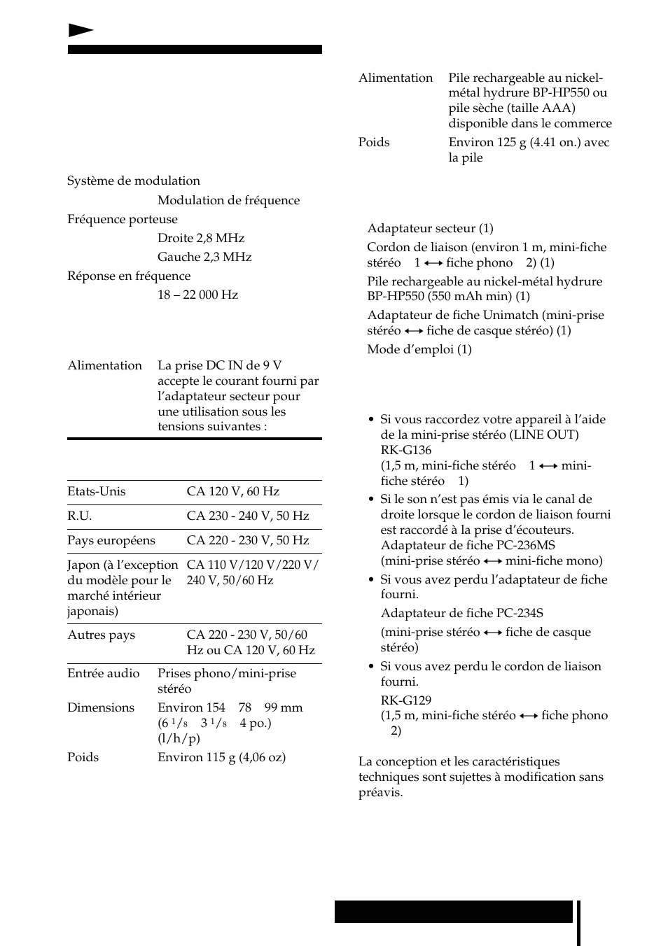 Informations complémentaires, Caractéristiques techniques, Généralités | Transmetteur tmr-if240r, Casque mdr-if240r, Accessoires fournis, Accessoires en option | Sony MDR-IF240RK User Manual | Page 27 / 44