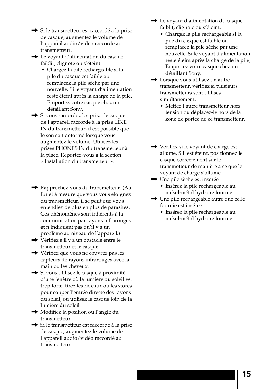 Informations complémentaires, Son déformé, Bruit de fond important | Impossible de charger la pile rechargeable | Sony MDR-IF240RK User Manual | Page 29 / 44