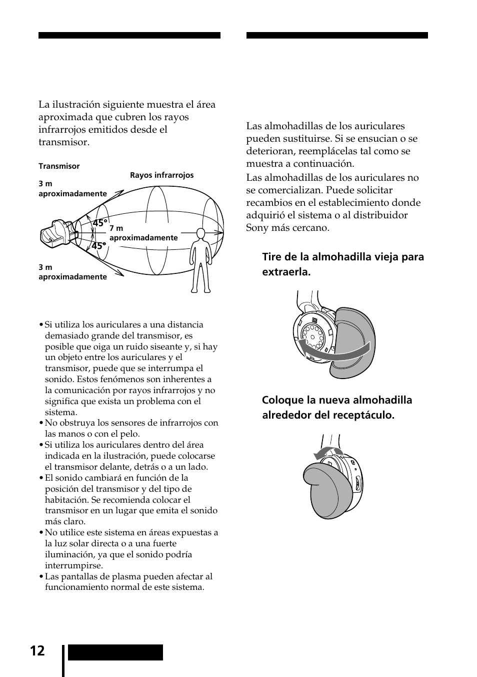 Área efectiva del transmisor, Sustitución de las almohadillas de los auriculares, De los auriculares | Sony MDR-IF240RK User Manual | Page 40 / 44