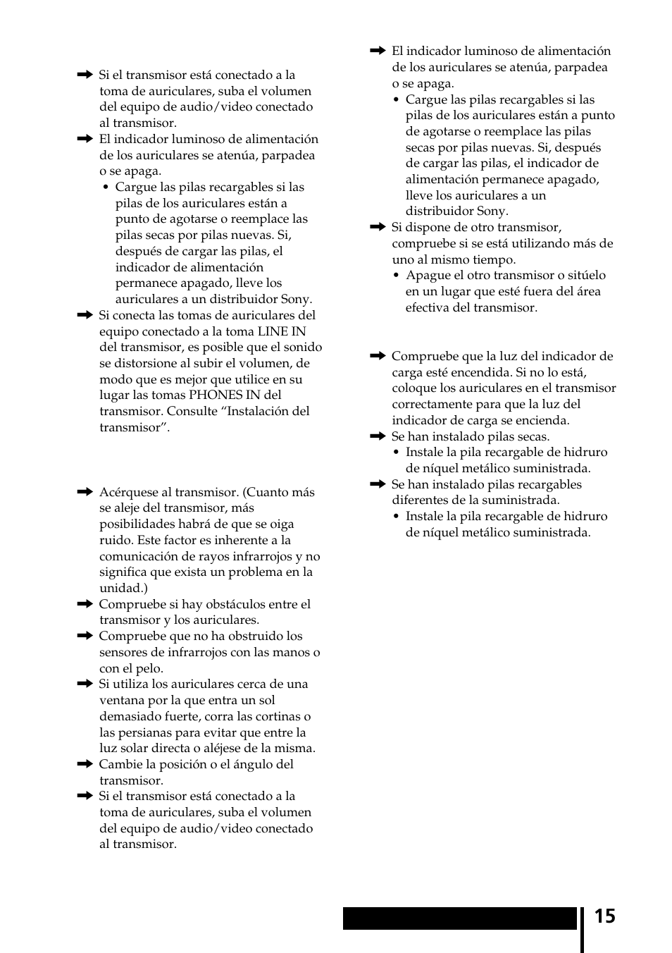 Sonido distorsionado, Ruido de fondo alto, Las pilas no pueden cargarse | Sony MDR-IF240RK User Manual | Page 43 / 44