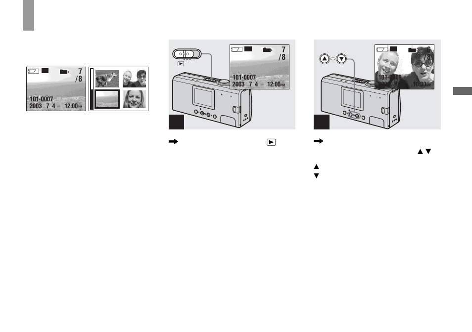 Enjoying still images, Viewing still images on the lcd screen, Viewing single images | Viewing still images on the lcd, Screen, Single (single-image) screen, Index (four-image) screen | Sony DSC-U40 User Manual | Page 35 / 92