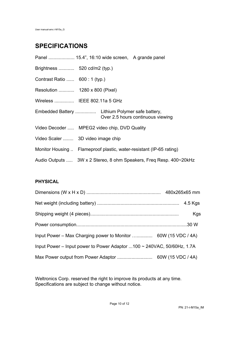 Specifications | AMC WIFI WIRELESS MONITOR I-M15A User Manual | Page 10 / 12
