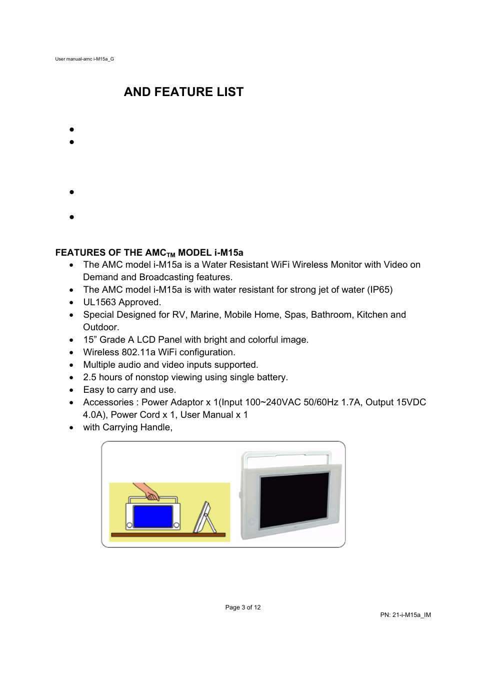 Cautions and feature list | AMC WIFI WIRELESS MONITOR I-M15A User Manual | Page 3 / 12