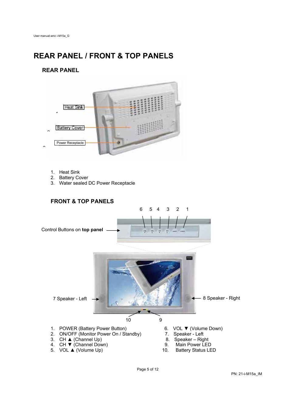 Rear panel / front & top panels | AMC WIFI WIRELESS MONITOR I-M15A User Manual | Page 5 / 12