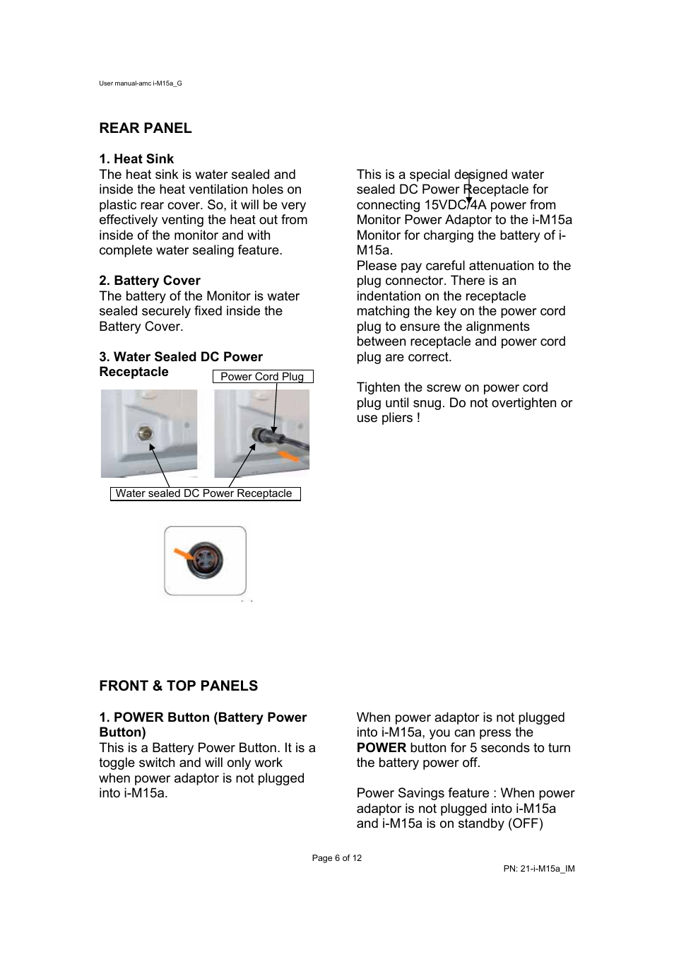 Rear panel, Front & top panels | AMC WIFI WIRELESS MONITOR I-M15A User Manual | Page 6 / 12