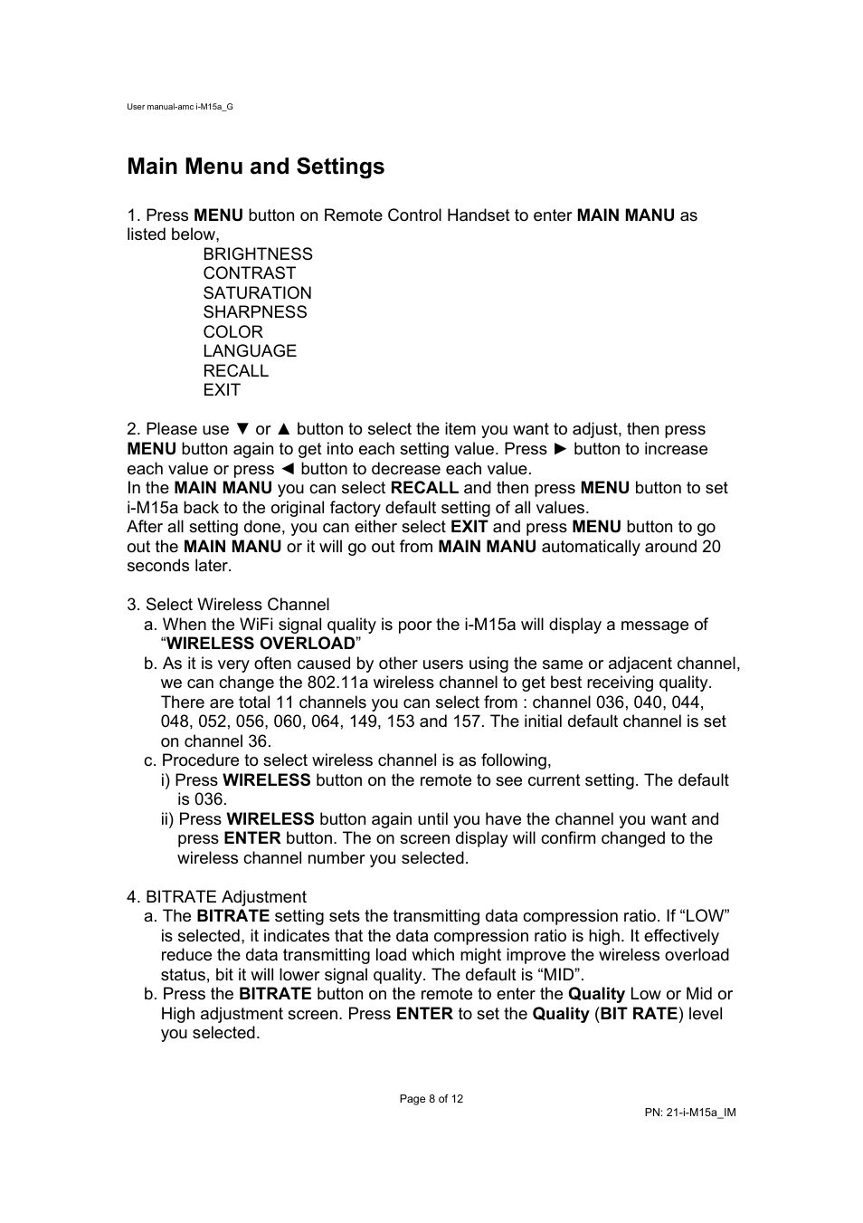 Main menu and settings | AMC WIFI WIRELESS MONITOR I-M15A User Manual | Page 8 / 12