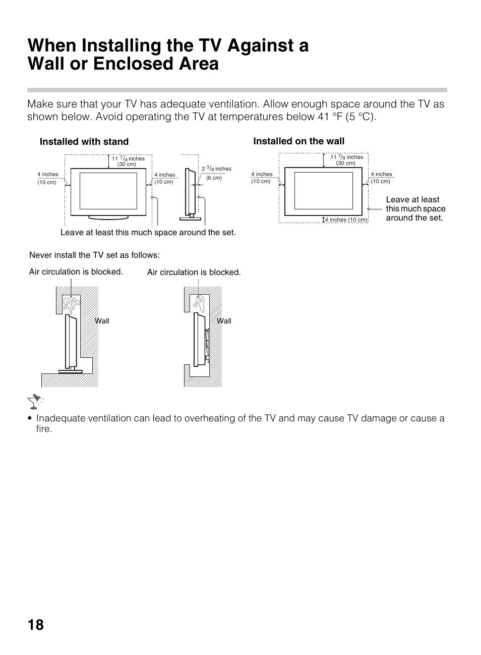 When installing the tv against a wall or, Enclosed area, Installed with stand | Installed on the wall | Sony KDL-60EX645 User Manual | Page 18 / 88