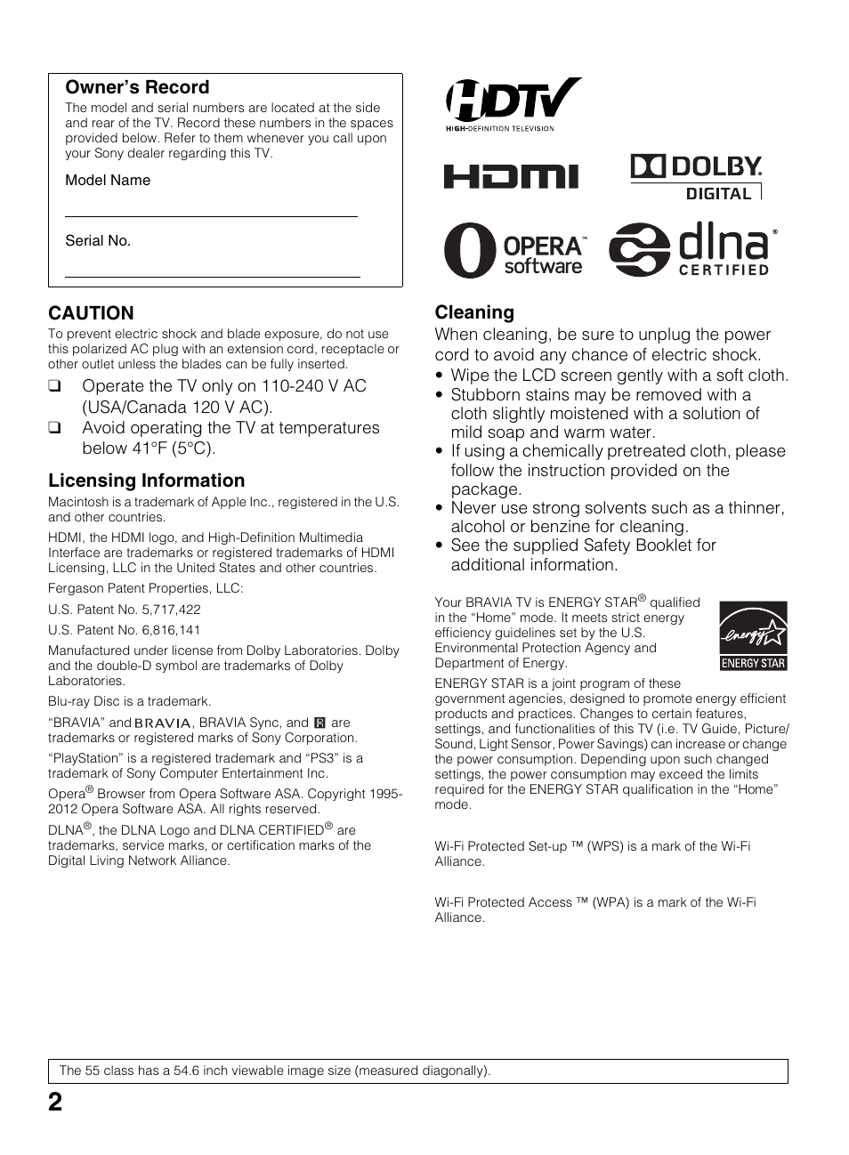 Caution, Licensing information, Cleaning | Owner’s record | Sony KDL-60EX645 User Manual | Page 2 / 88