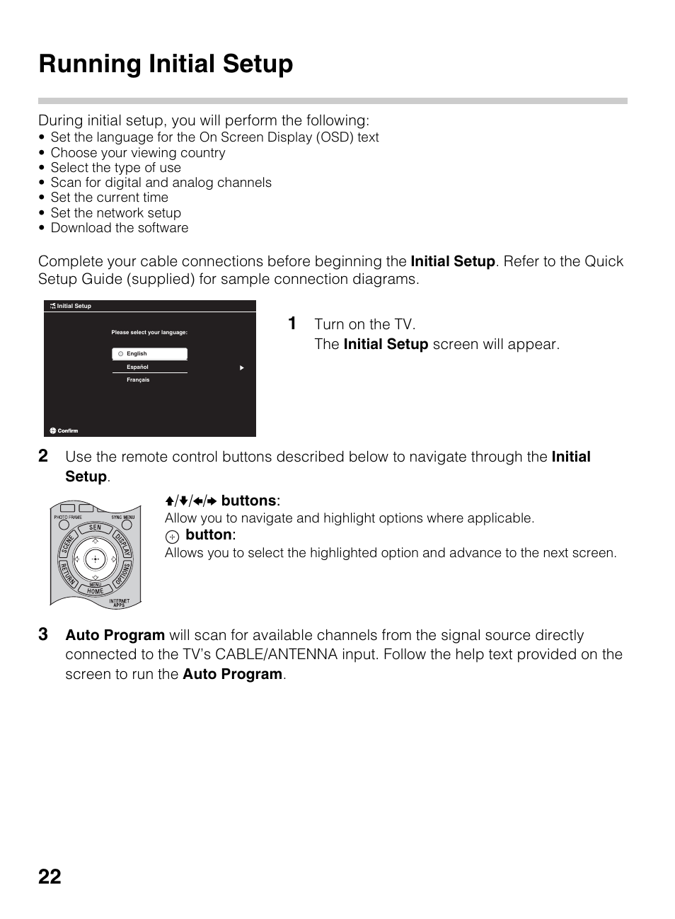 Running initial setup | Sony KDL-60EX645 User Manual | Page 22 / 88