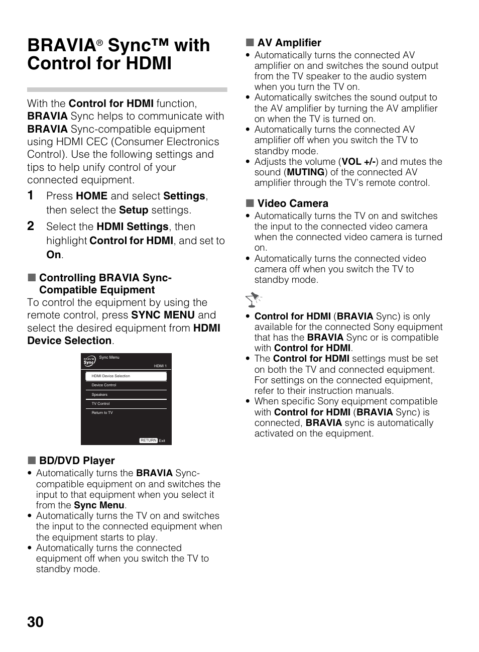 Using features, Bravia® sync™ with control for hdmi, Bravia | Sync™ with control for hdmi | Sony KDL-60EX645 User Manual | Page 30 / 88
