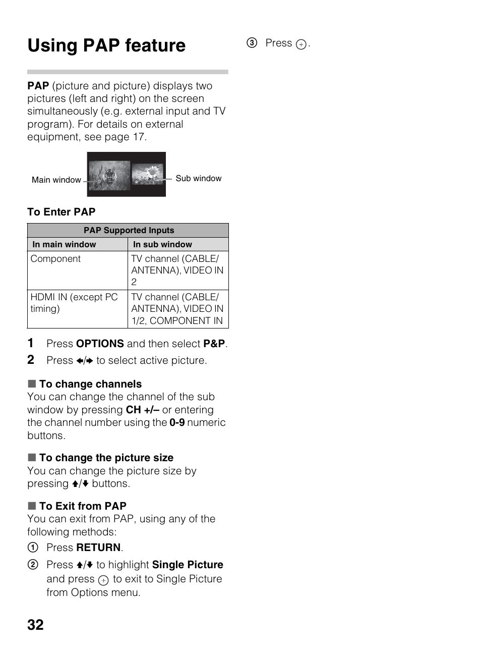 Using pap feature | Sony KDL-60EX645 User Manual | Page 32 / 88
