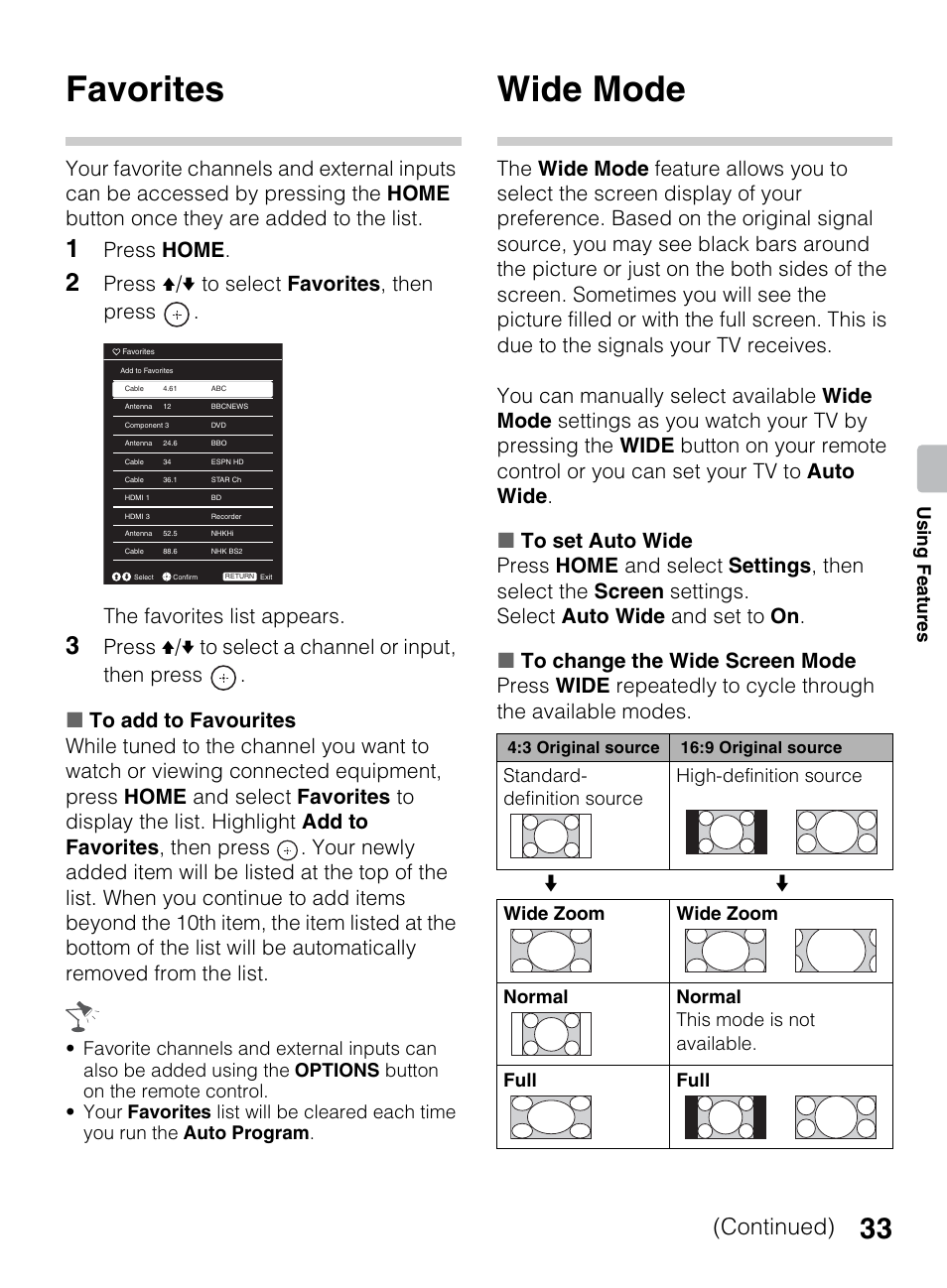 Favorites, Wide mode, Continued) | Press home, Us ing fea tures | Sony KDL-60EX645 User Manual | Page 33 / 88