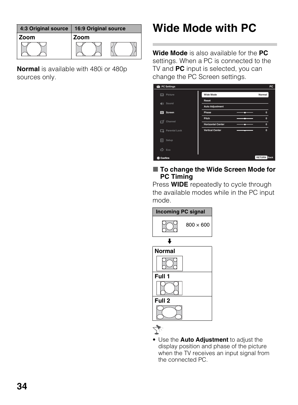 Wide mode with pc, Normal full 1 full 2 | Sony KDL-60EX645 User Manual | Page 34 / 88