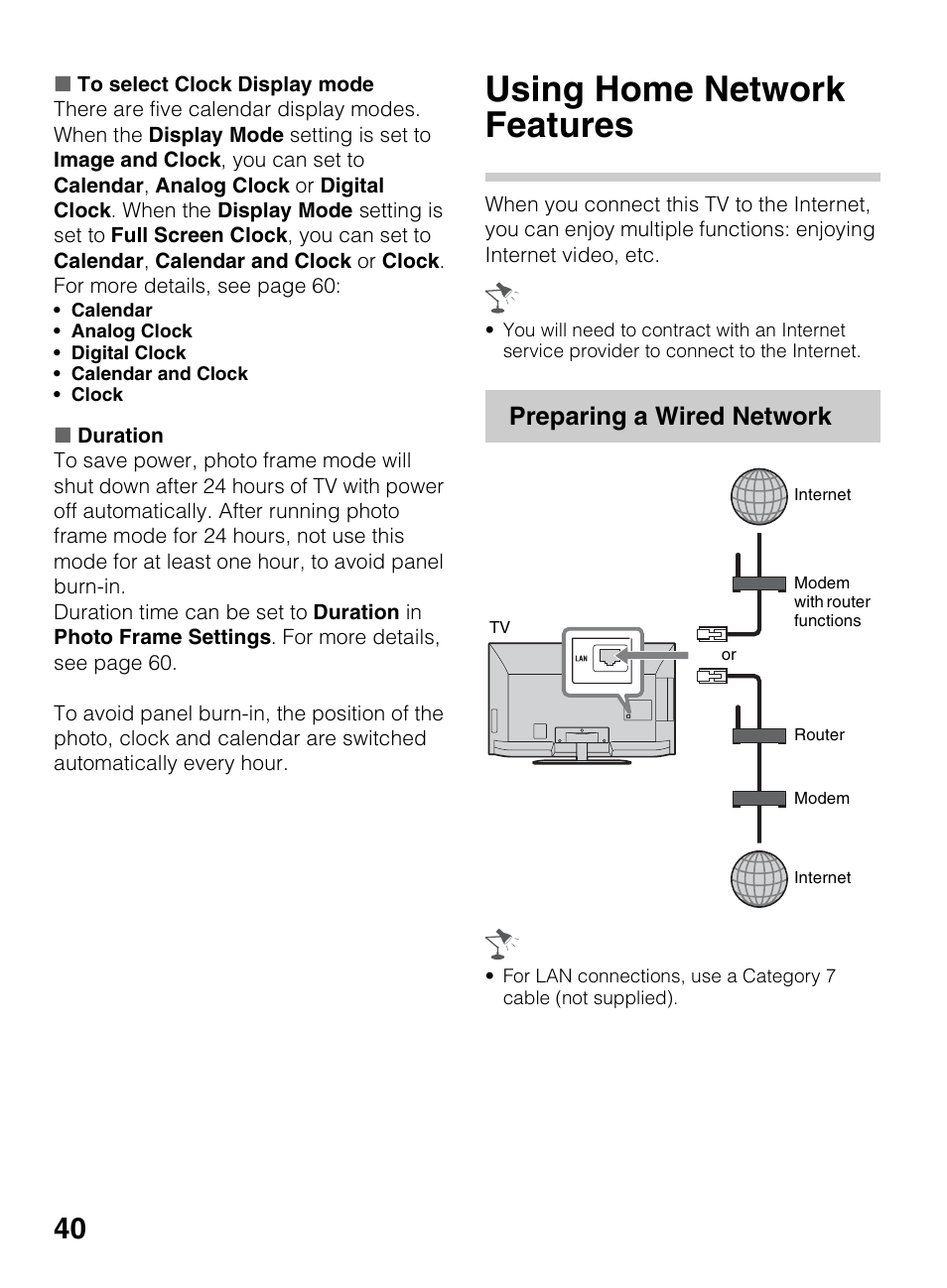 Using home network features, Preparing a wired network | Sony KDL-60EX645 User Manual | Page 40 / 88