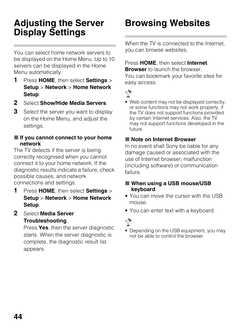 Adjusting the server display settings, Browsing websites | Sony KDL-60EX645 User Manual | Page 44 / 88