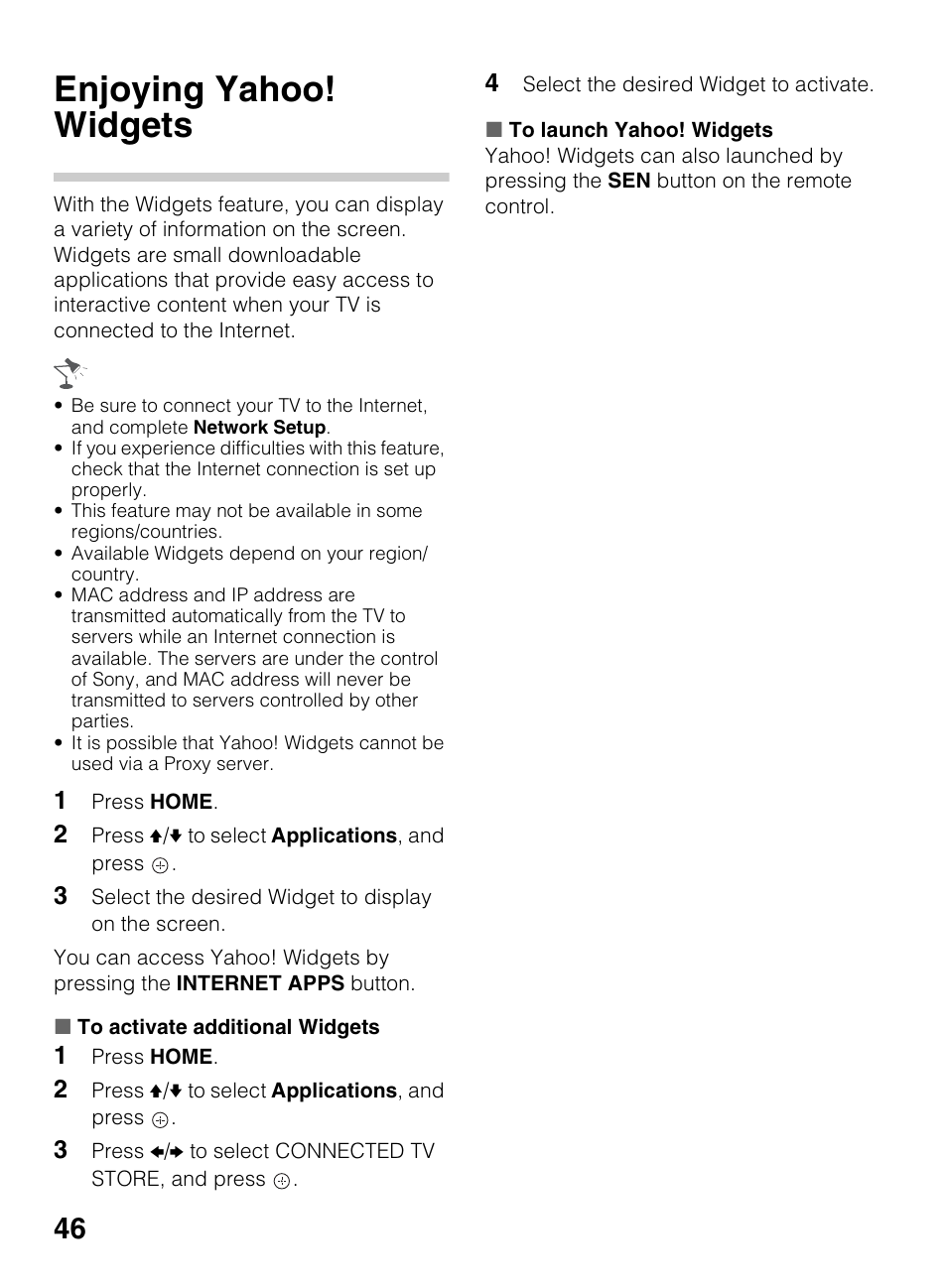Enjoying yahoo! widgets | Sony KDL-60EX645 User Manual | Page 46 / 88