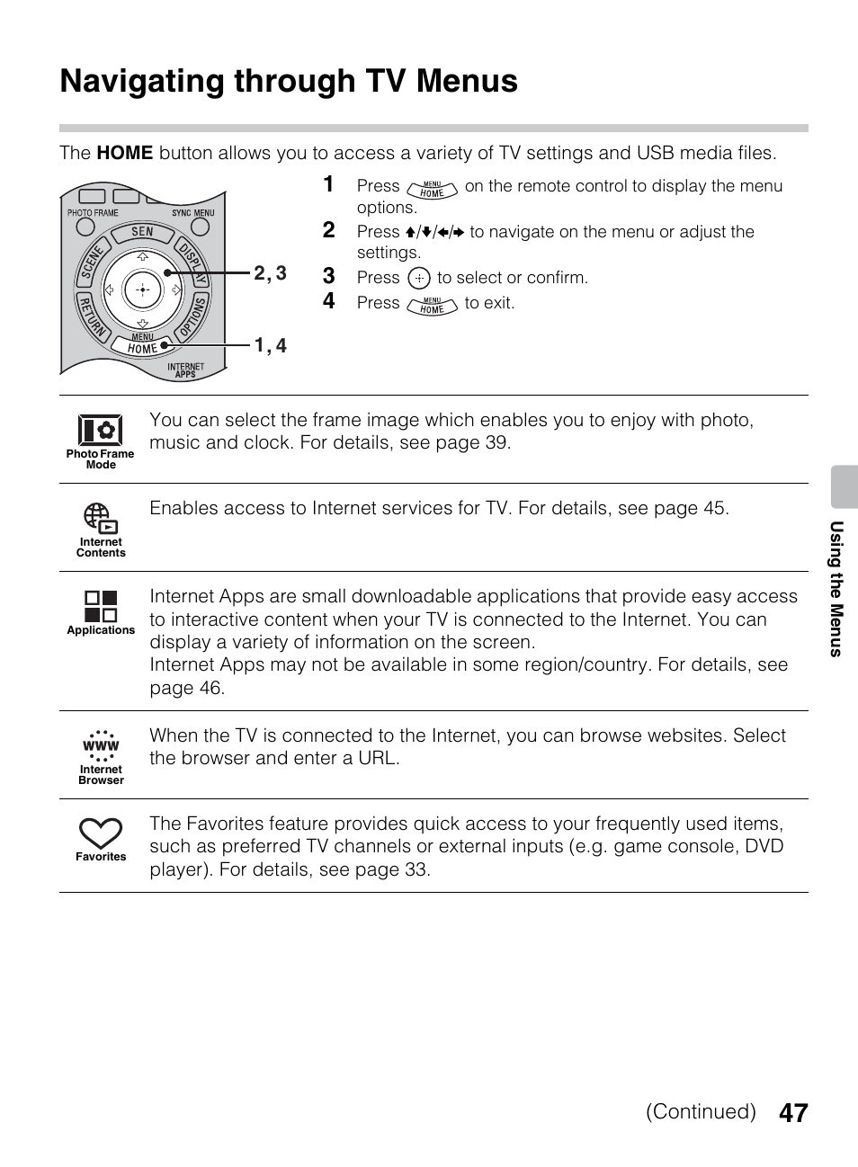 Using the menus, Navigating through tv menus | Sony KDL-60EX645 User Manual | Page 47 / 88