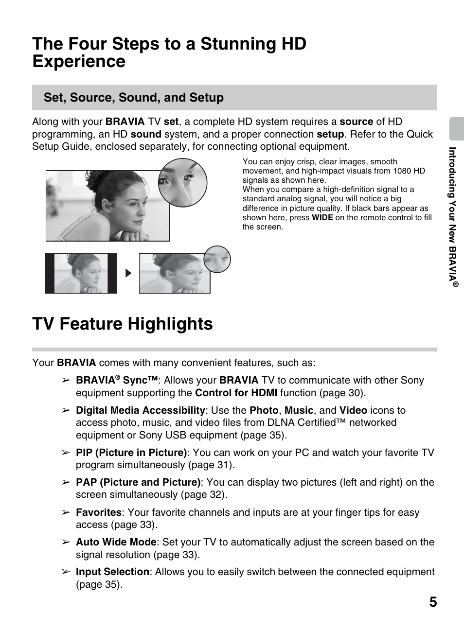The four steps to a stunning hd experience, Tv feature highlights, The four steps to a stunning hd | Experience, Set, source, sound, and setup | Sony KDL-60EX645 User Manual | Page 5 / 88