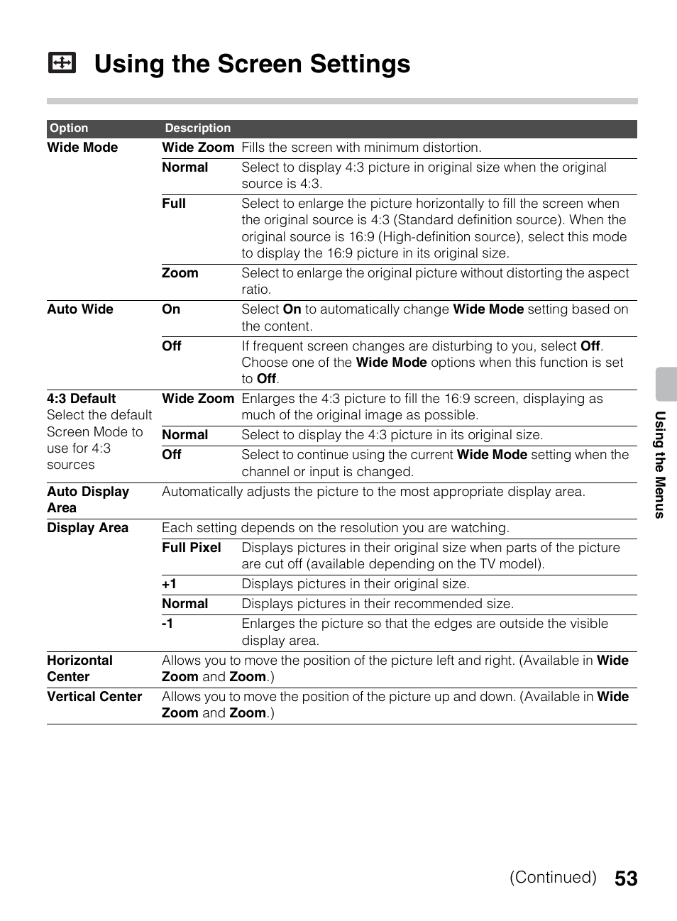 Using the screen settings, Continued) | Sony KDL-60EX645 User Manual | Page 53 / 88