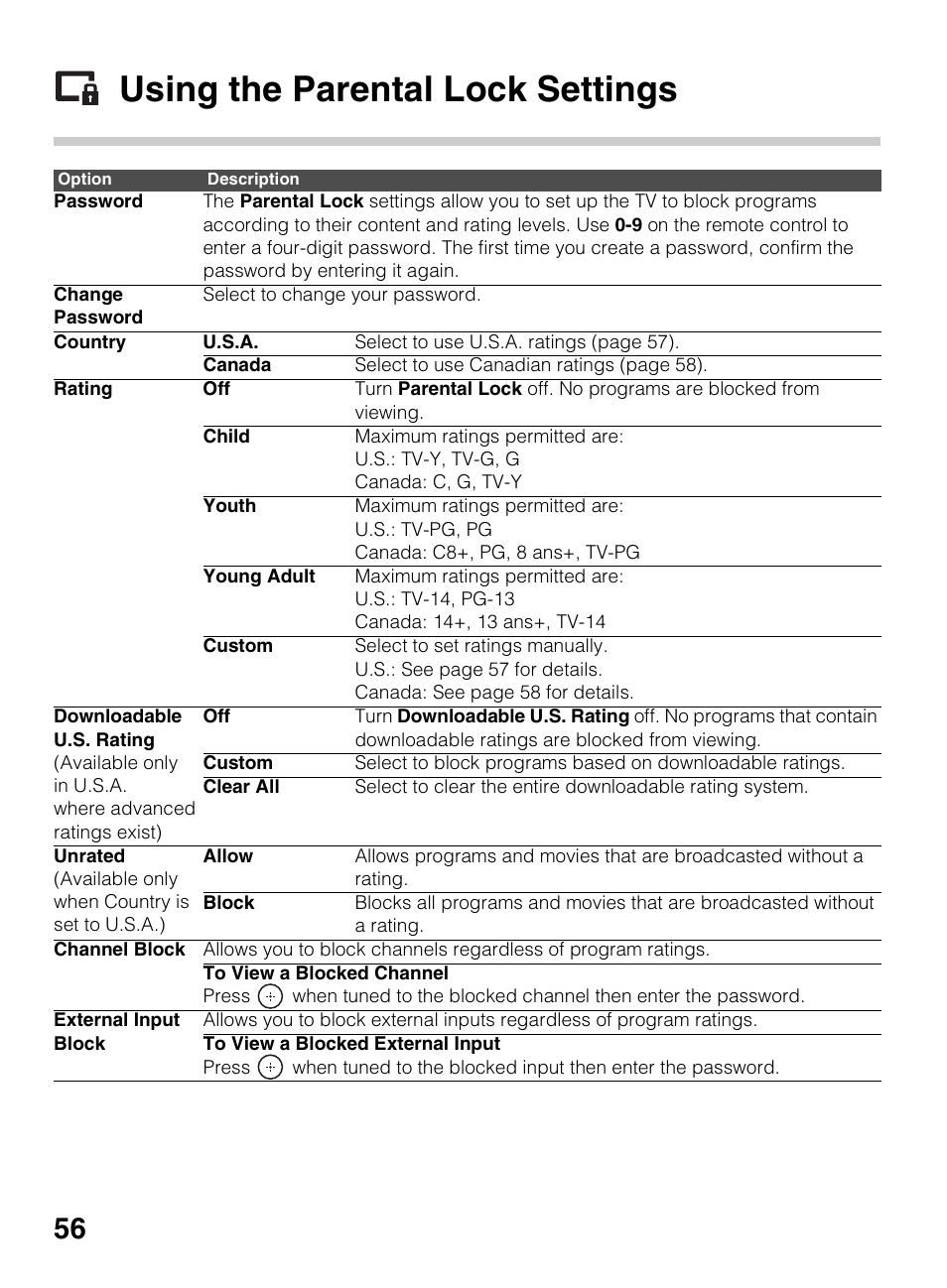 Using the parental lock settings | Sony KDL-60EX645 User Manual | Page 56 / 88