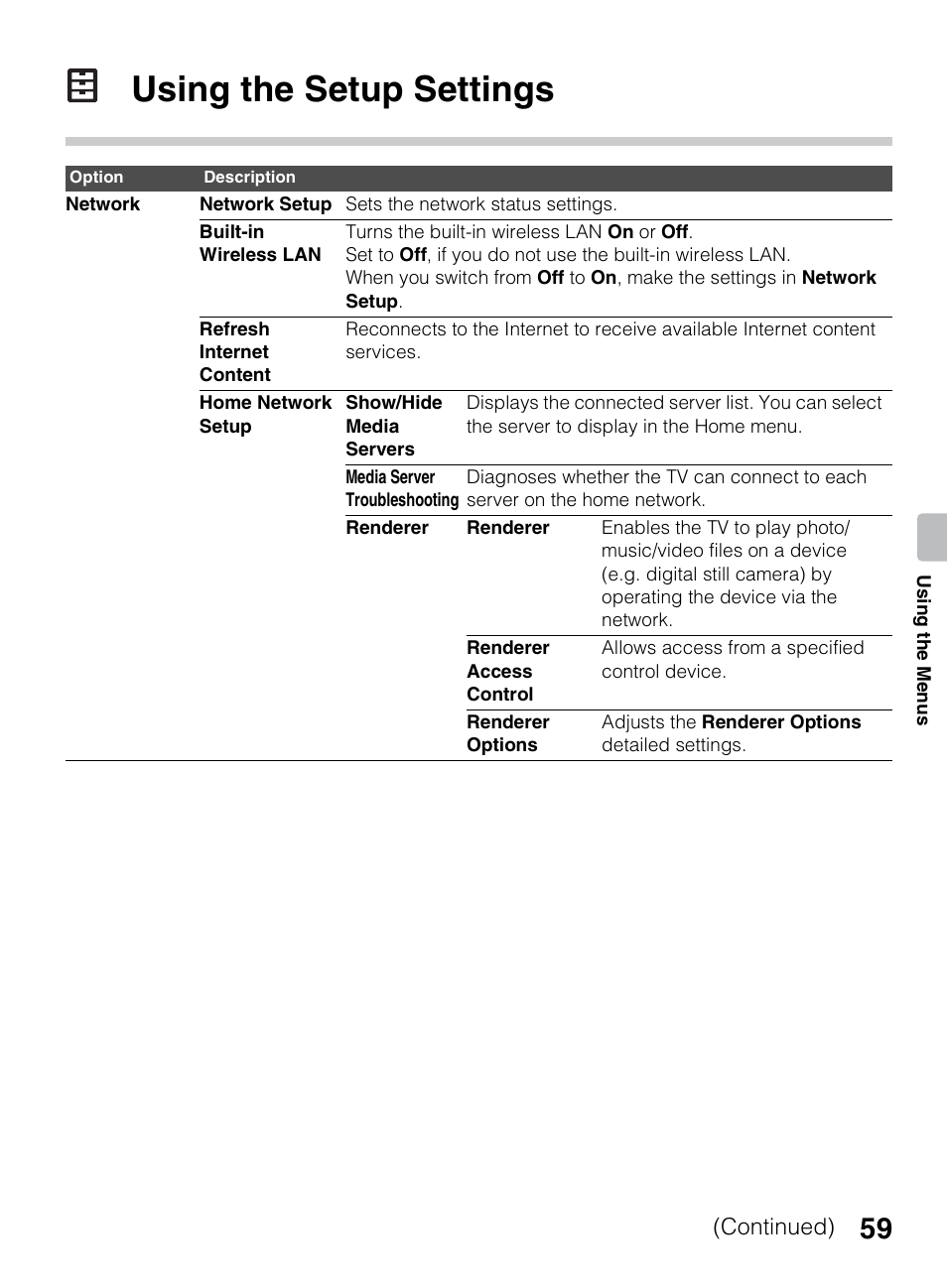 Using the setup settings | Sony KDL-60EX645 User Manual | Page 59 / 88