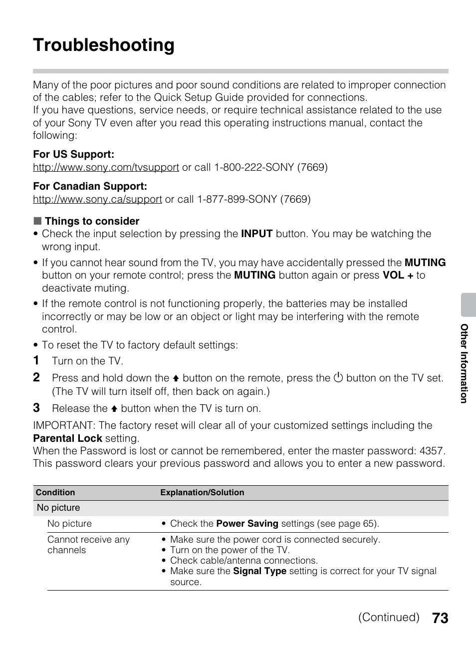 Troubleshooting | Sony KDL-60EX645 User Manual | Page 73 / 88