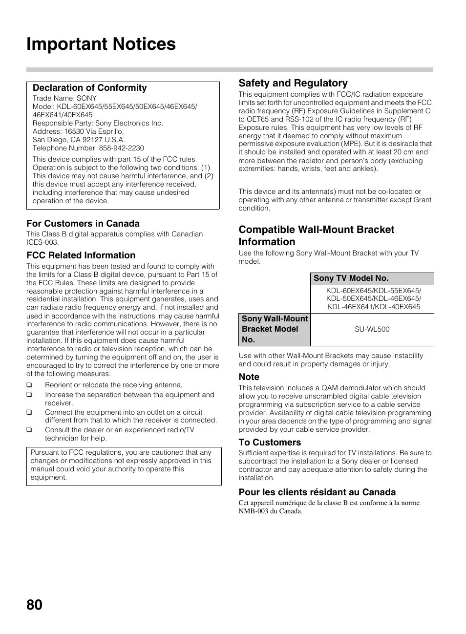 Important notices, Safety and regulatory, Compatible wall-mount bracket information | Sony KDL-60EX645 User Manual | Page 80 / 88