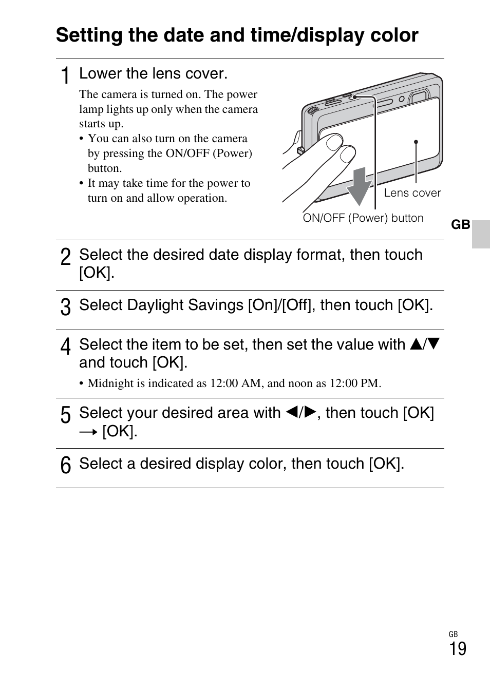 Setting the date and time/display color | Sony DSC-TX9 User Manual | Page 19 / 68
