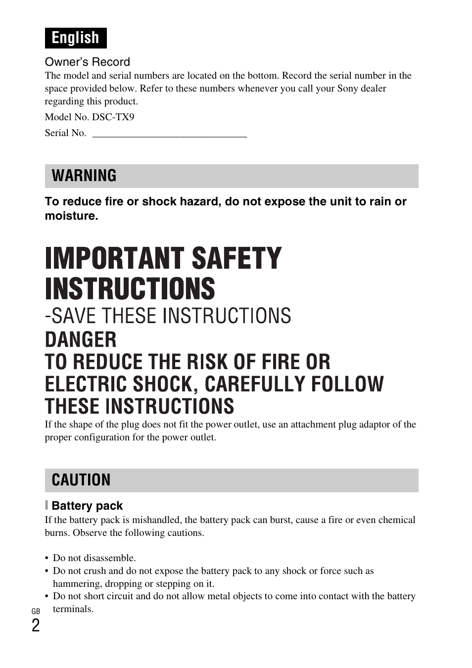 English, English warning caution | Sony DSC-TX9 User Manual | Page 2 / 68