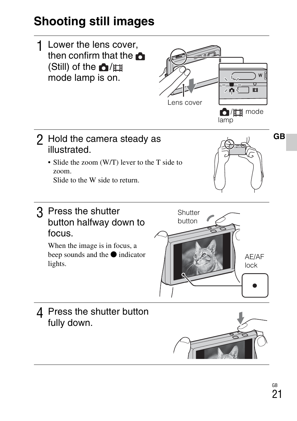 Shooting still images | Sony DSC-TX9 User Manual | Page 21 / 68