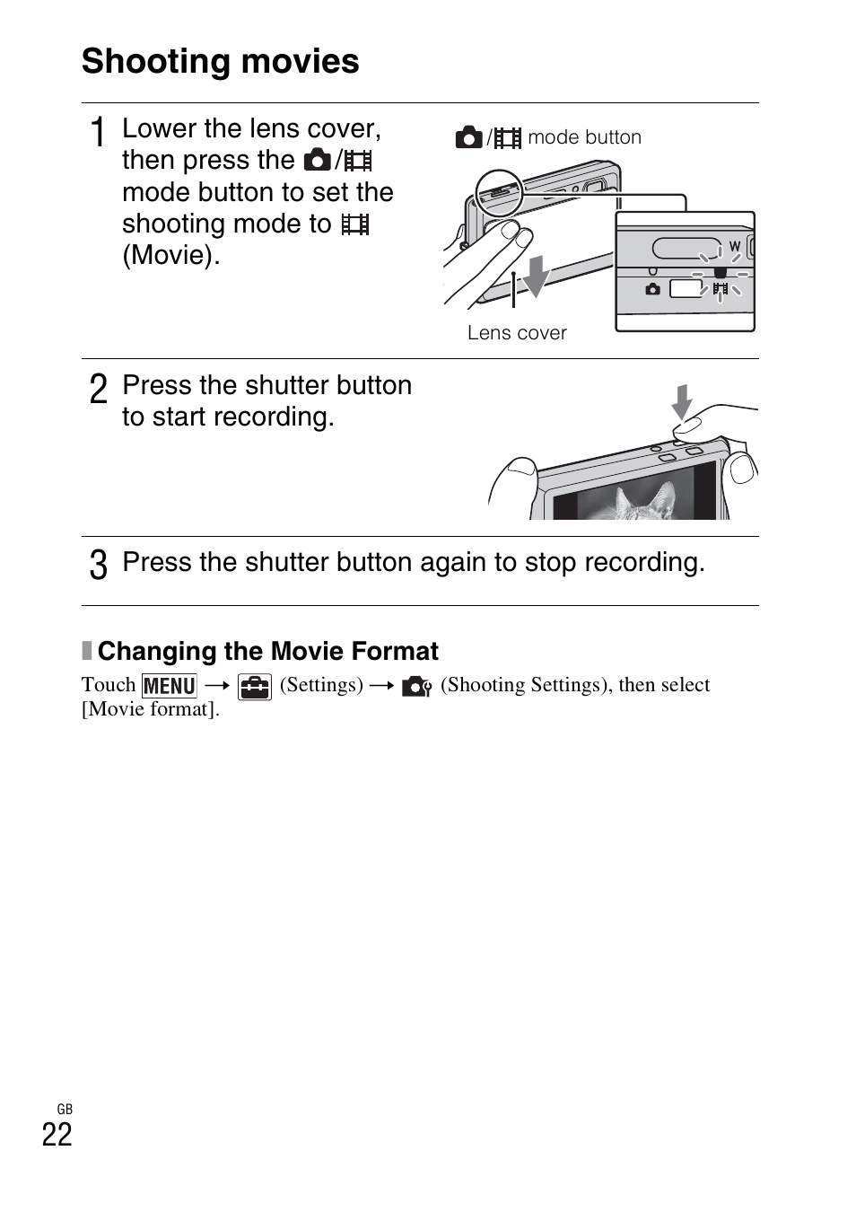 Shooting movies | Sony DSC-TX9 User Manual | Page 22 / 68