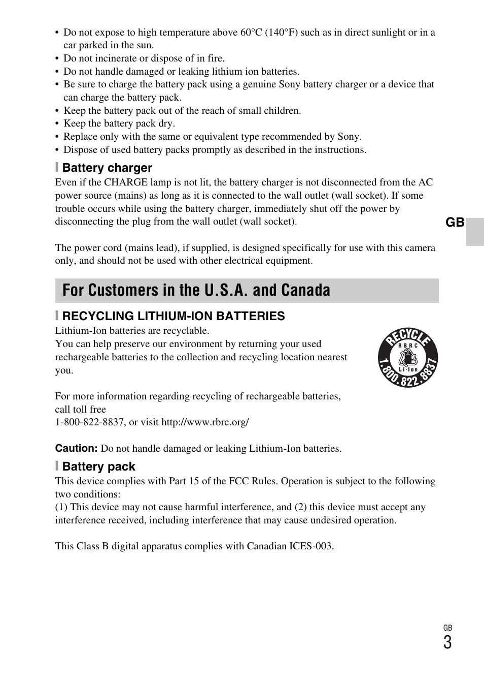For customers in the u.s.a. and canada | Sony DSC-TX9 User Manual | Page 3 / 68