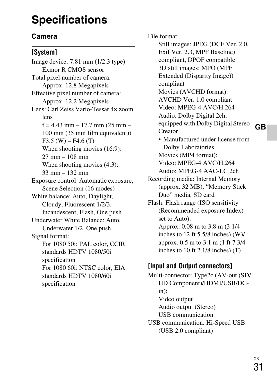 Specifications | Sony DSC-TX9 User Manual | Page 31 / 68