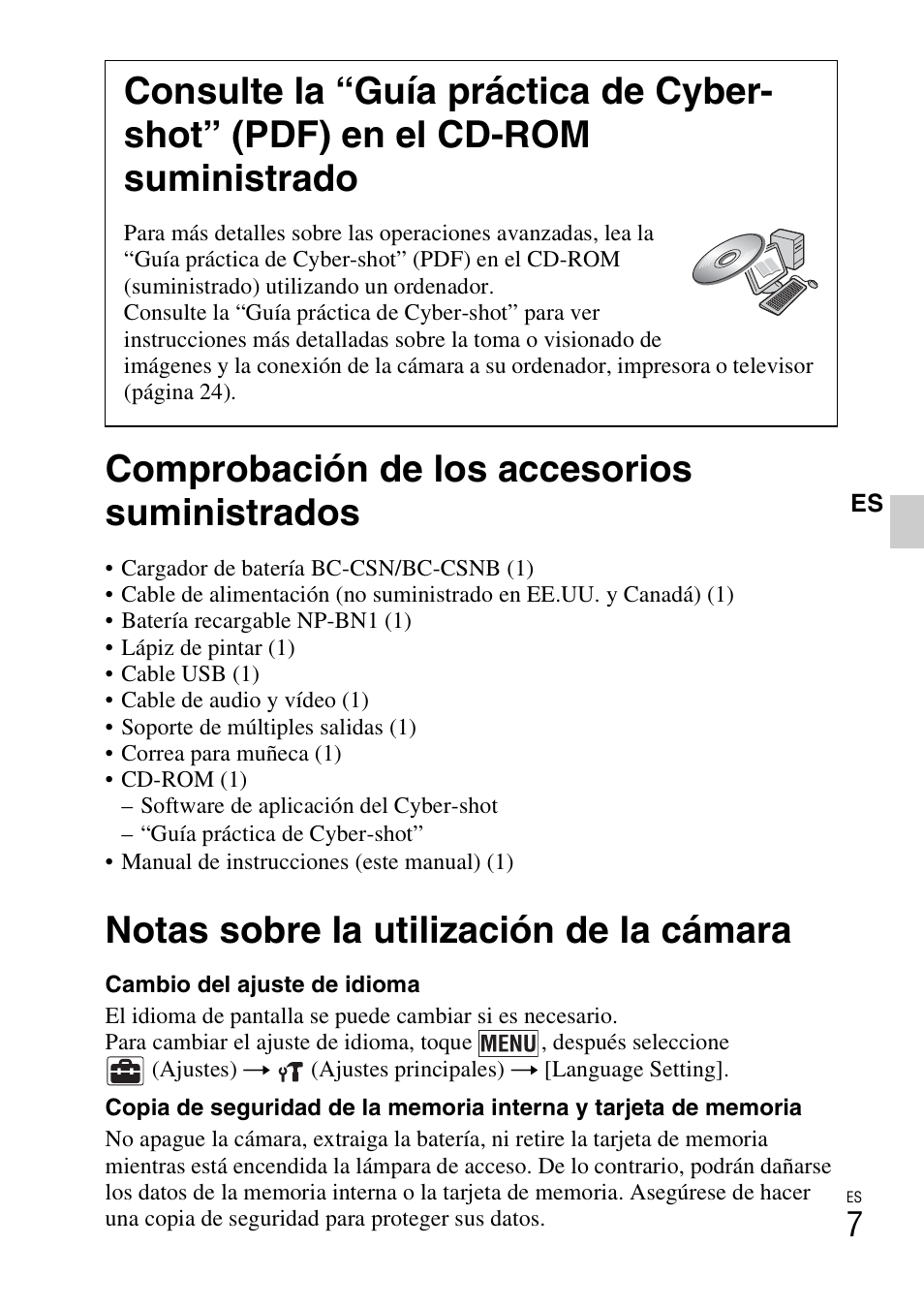 Comprobación de los accesorios suministrados, Notas sobre la utilización de la cámara | Sony DSC-TX9 User Manual | Page 39 / 68