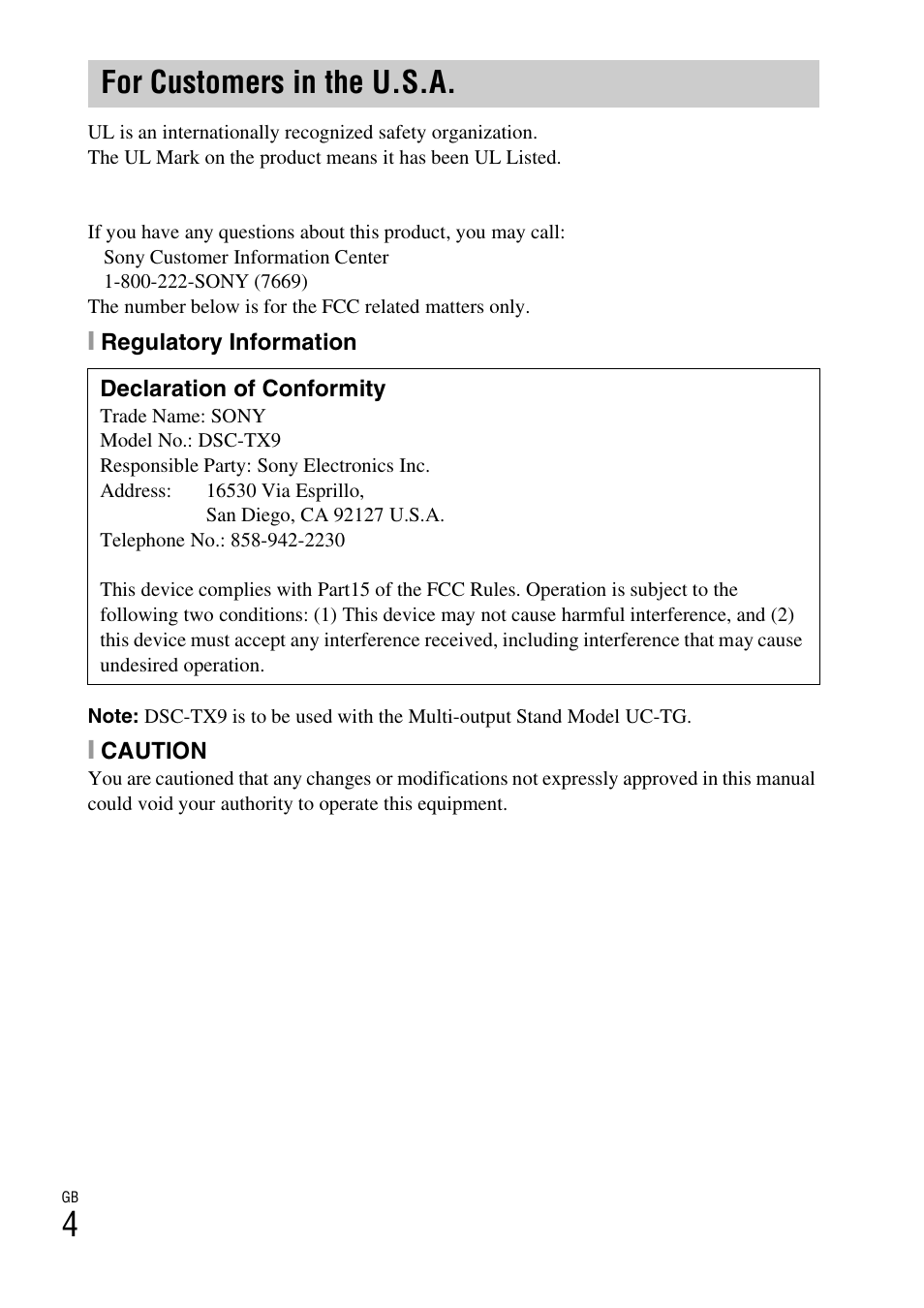 For customers in the u.s.a | Sony DSC-TX9 User Manual | Page 4 / 68