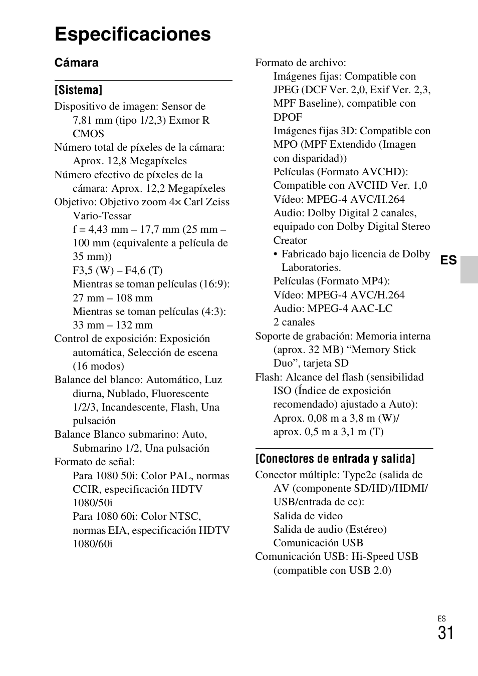 Especificaciones | Sony DSC-TX9 User Manual | Page 63 / 68