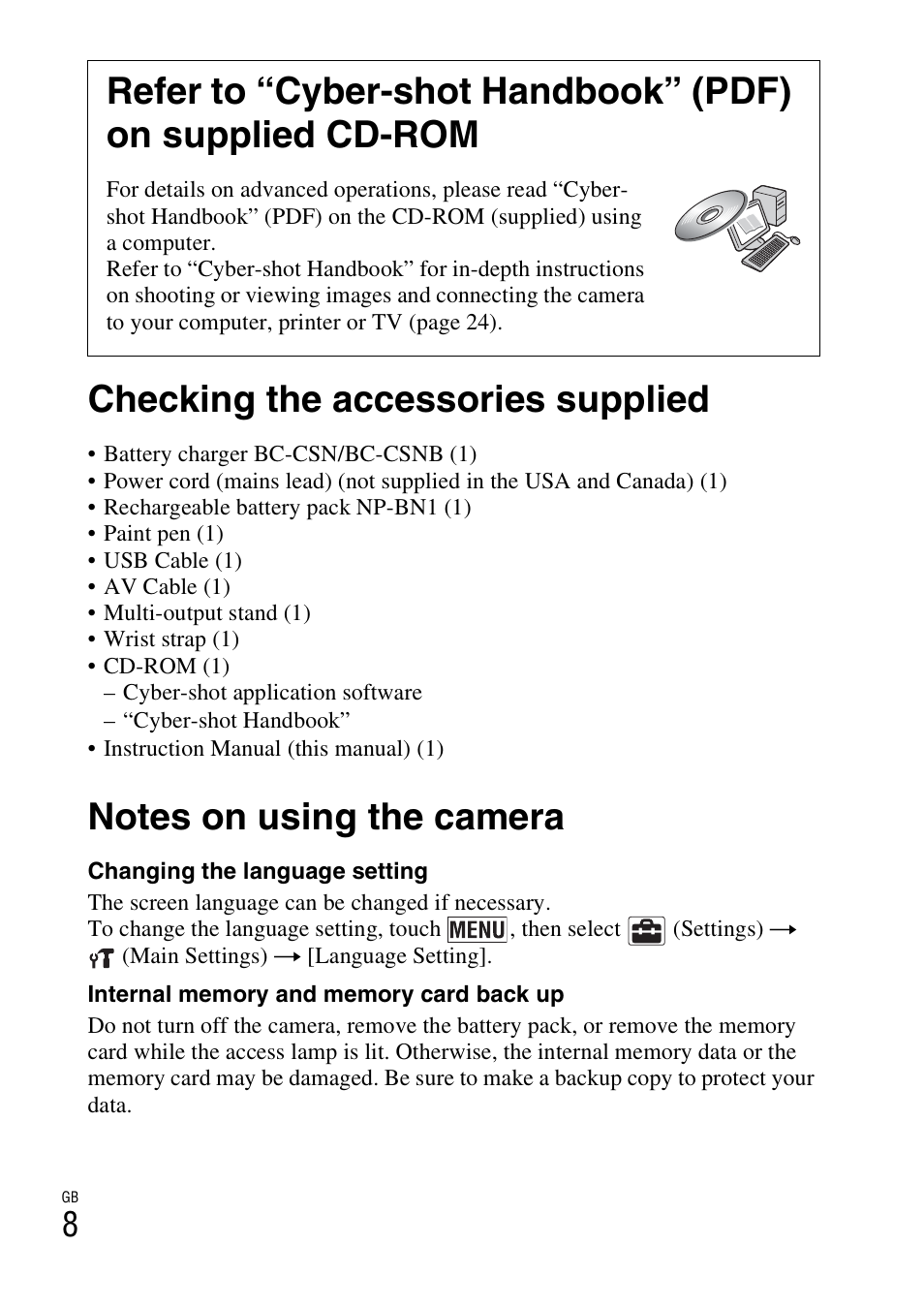 Checking the accessories supplied, Notes on using the camera | Sony DSC-TX9 User Manual | Page 8 / 68