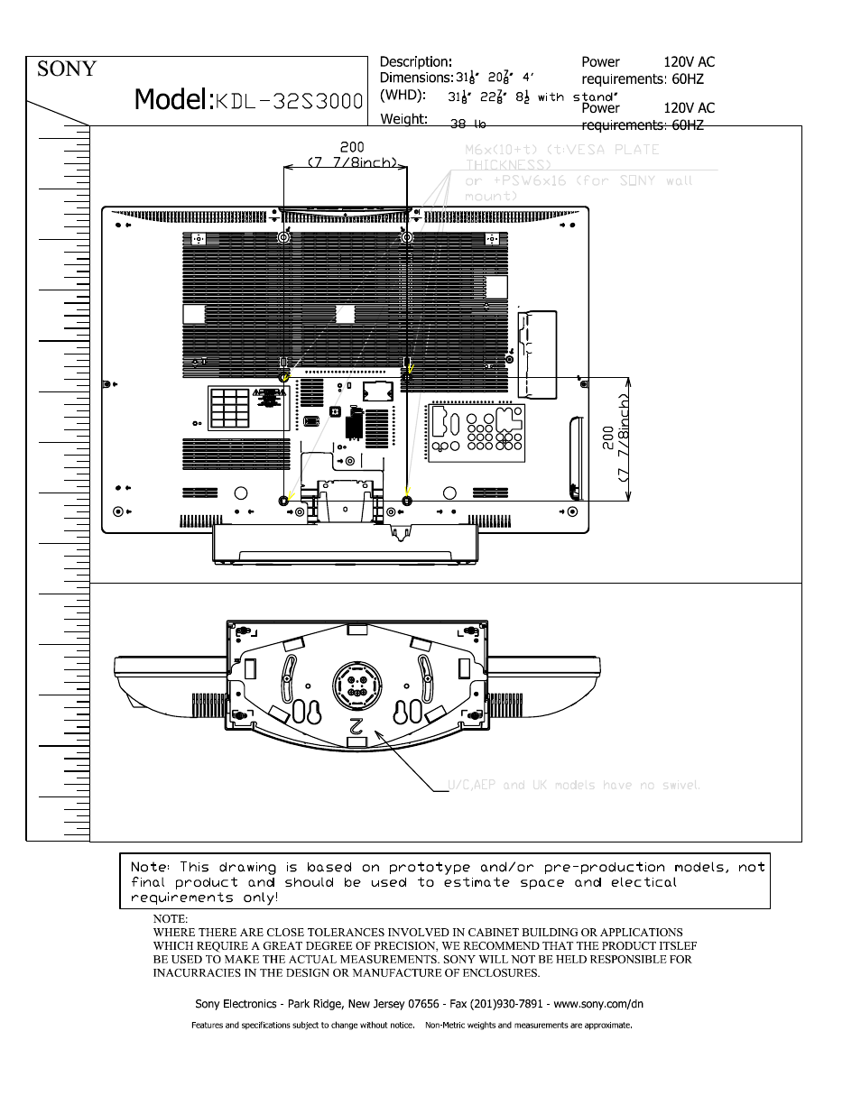 Sony, Power 120v ac, 38^)9 requirements: 60hz | Model:kdl-32s3ooo | Sony KDL-32S3000R User Manual | Page 2 / 3