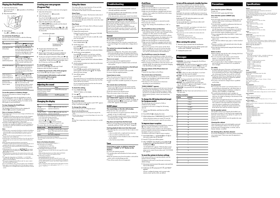 Messages, Precautions, Specifications | Troubleshooting | Sony MHC-EC609iP User Manual | Page 2 / 2