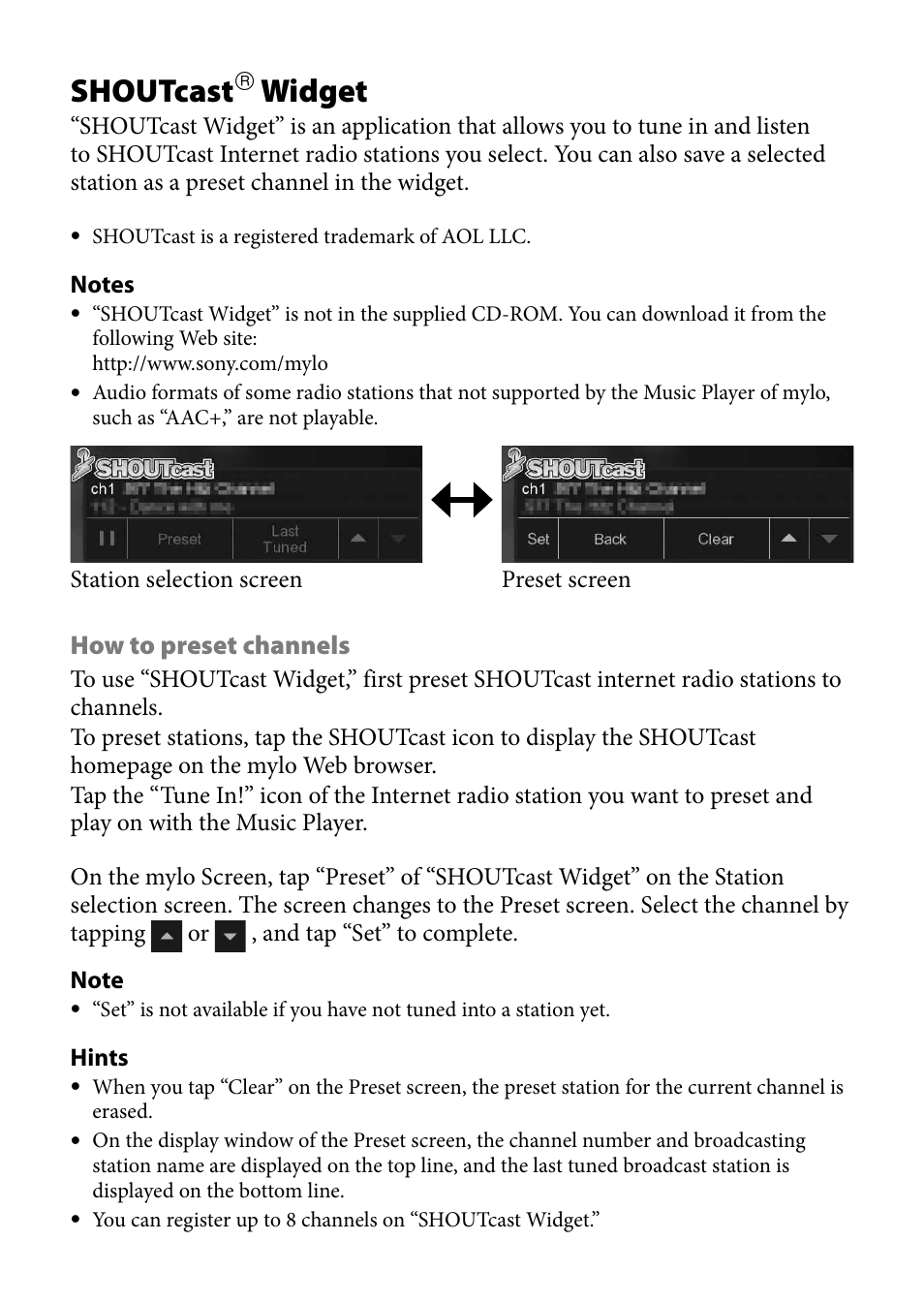 Shoutcast, Widget | Sony COM-2 User Manual | Page 2 / 5