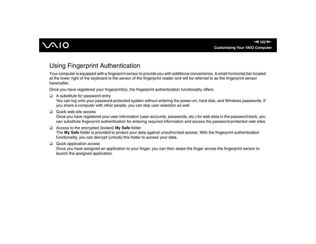 Using fingerprint authentication | Sony VGN-TXN17P User Manual | Page 102 / 212