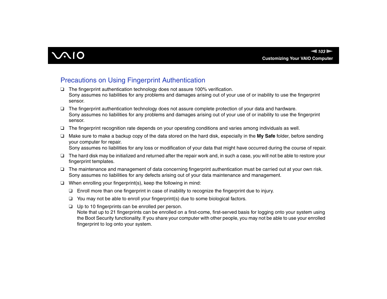 Precautions on using fingerprint authentication | Sony VGN-TXN17P User Manual | Page 103 / 212