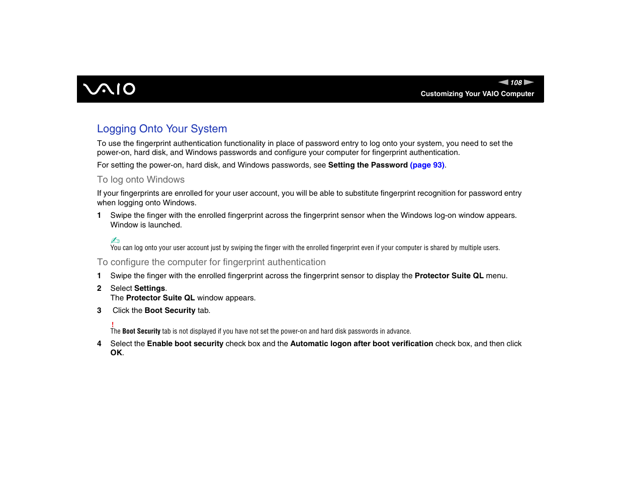 Logging onto your system | Sony VGN-TXN17P User Manual | Page 108 / 212