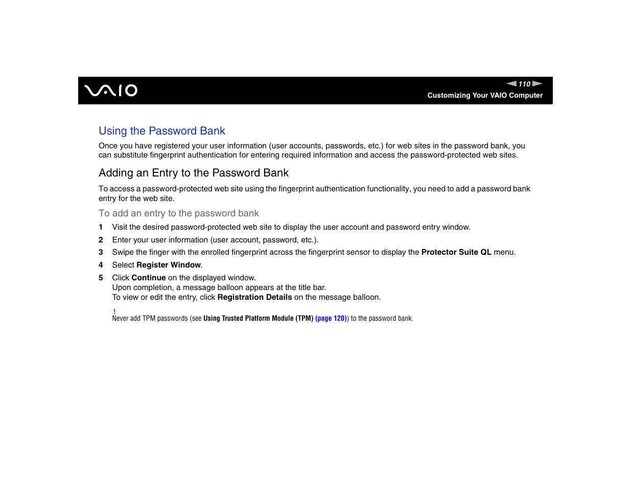 Using the password bank, Adding an entry to the password bank | Sony VGN-TXN17P User Manual | Page 110 / 212