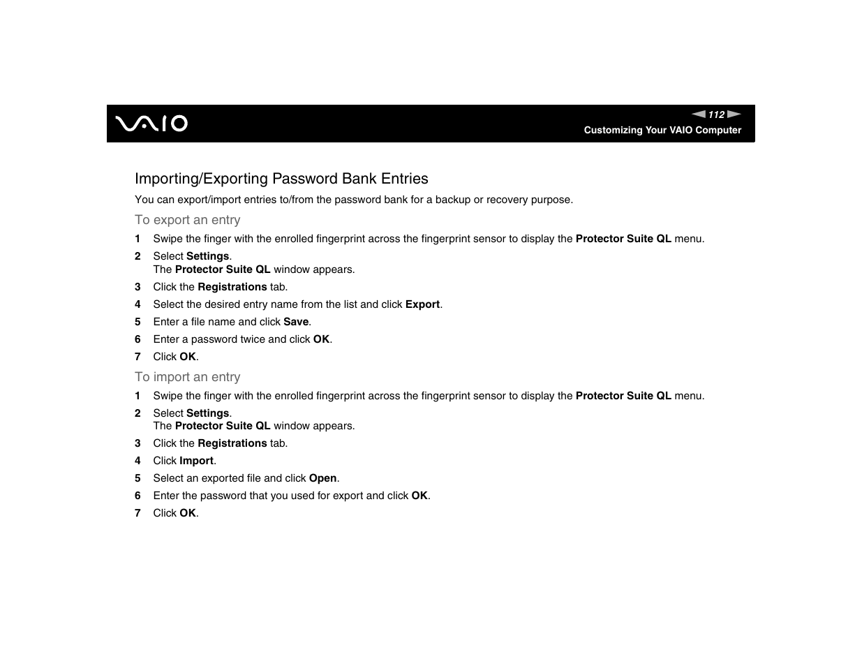 Importing/exporting password bank entries | Sony VGN-TXN17P User Manual | Page 112 / 212