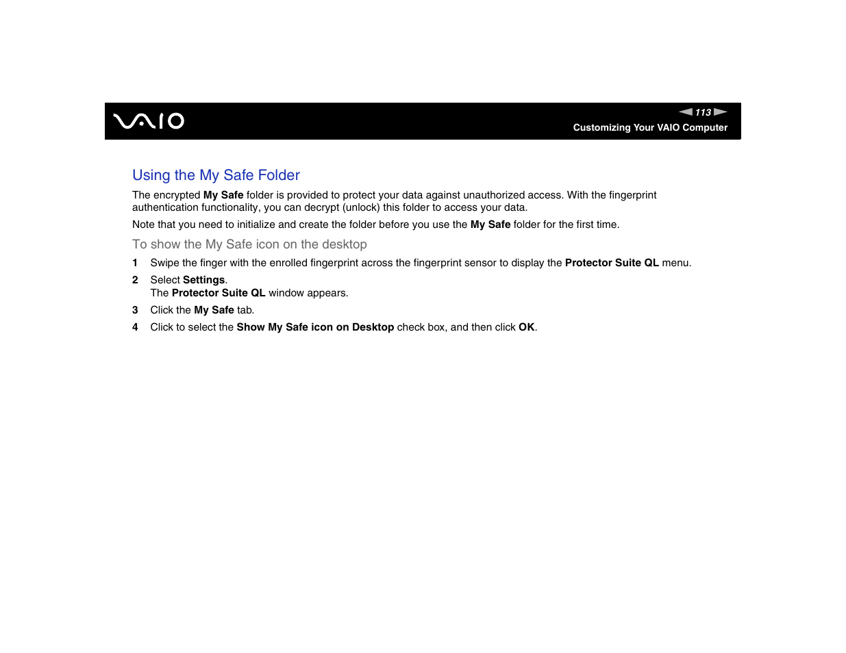 Using the my safe folder | Sony VGN-TXN17P User Manual | Page 113 / 212