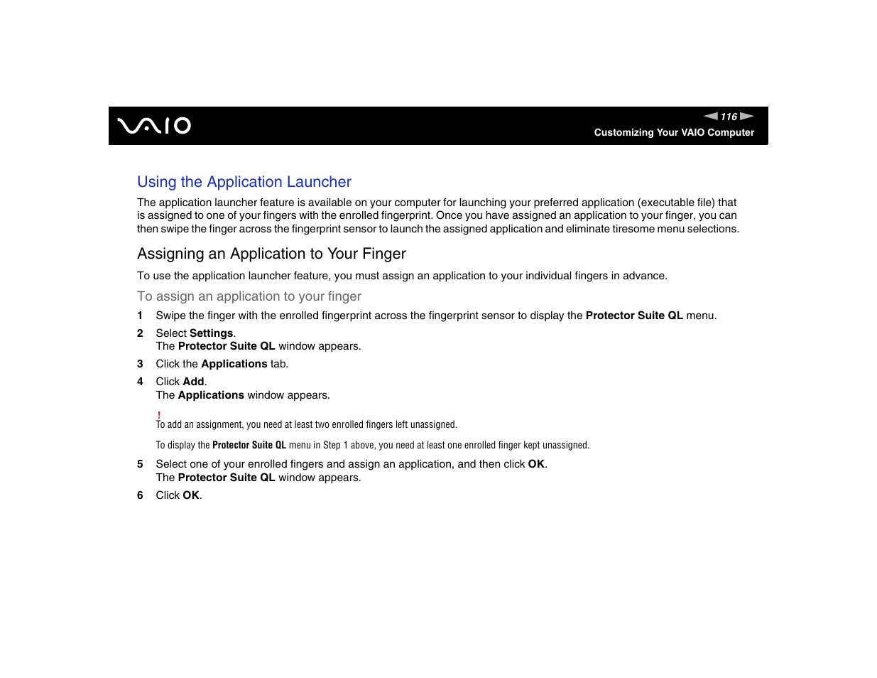 Using the application launcher, Assigning an application to your finger | Sony VGN-TXN17P User Manual | Page 116 / 212
