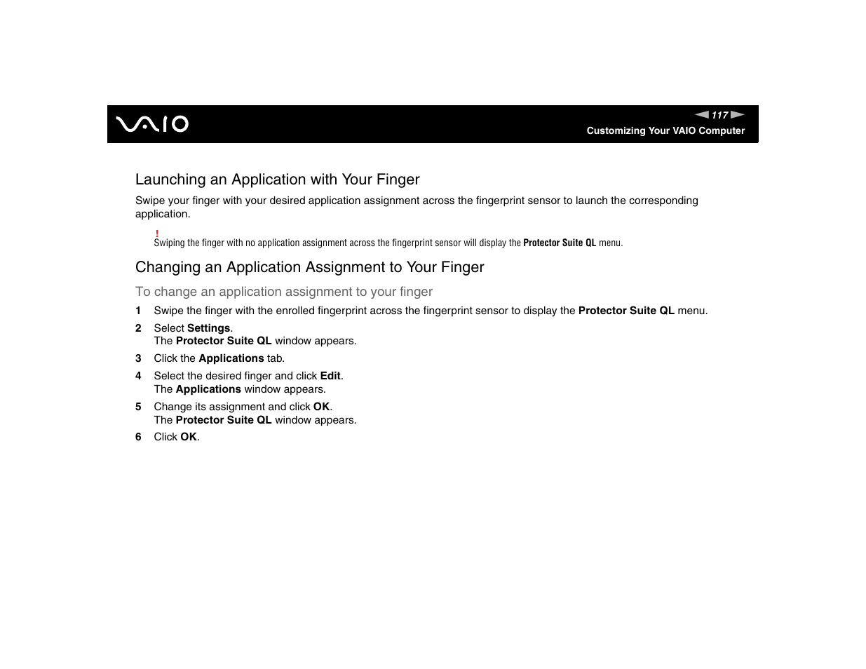 Launching an application with your finger, Changing an application assignment to your finger | Sony VGN-TXN17P User Manual | Page 117 / 212